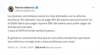 La senadora Paloma Valencia señaló con la reforma pensional impulsada por el Gobierno, los jóvenes no llegarían a la pensión - crédito @PalomaValenciaL/X