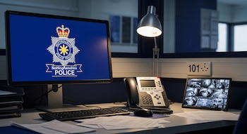 Escritorio de oficina con monitor mostrando el logo de Policía de Nottinghamshire, teléfono, pantalla con cámaras de seguridad, teclado, ratón, papeles y lámpara.