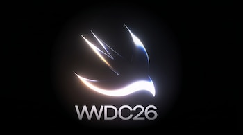 Un logo brillante de un pájaro estilizado en blanco con detalles azules y dorados, sobre un fondo negro. Debajo, se lee 'WWDC26' en letras grises.