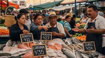 Personas en un puesto de pescado: un vendedor, dos clientes. Pescados frescos (bonito, merluza, corvina, jurel) exhibidos sobre hielo con precios en pizarras. Fondo de mercado.