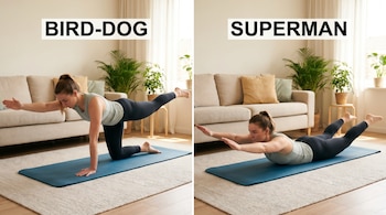 Imagen dividida con textos BIRD-DOG y SUPERMAN. Una mujer realiza el ejercicio bird-dog en cuatro apoyos y el superman boca abajo.