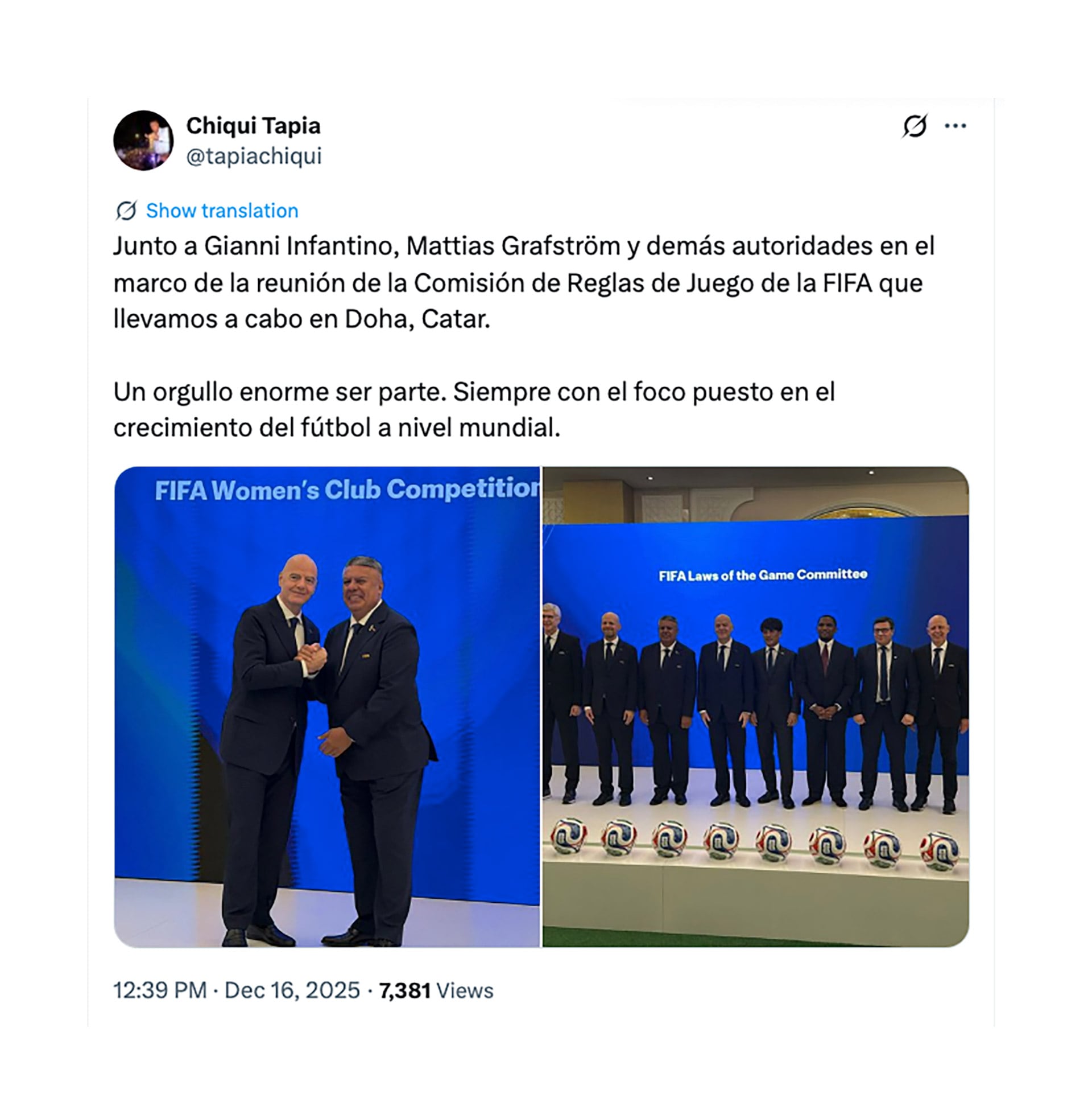 El posteo del Chiqui Tapia tras la reunión de FIFA