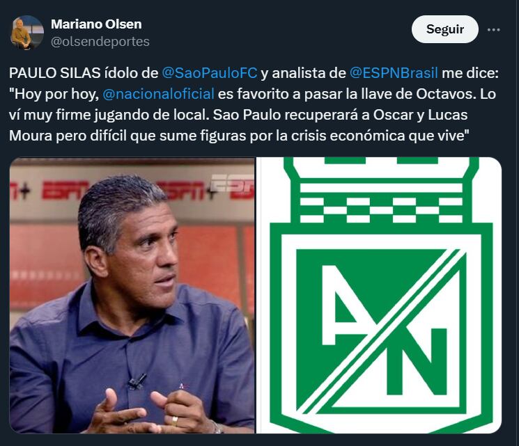Paulo Silas colocó a Nacional como el favorito para pasar a cuartos de final de la Copa Libertadores - crédito @olsendeportes/X
