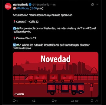 Estas son las afectaciones viales mientras transcurre la jornada de manifestaciones en la capital del país - crédito Transmilemio