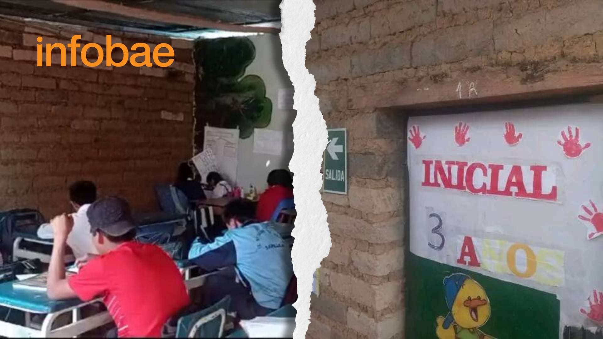 Alrededor de 400 alumnos del colegio I.E. 14399 del C.P. El Sauce estudian en aulas de adobe e incluso que fueron construidas por sus propios padres. (Foto: Composición - Infobae/Renato Silva)