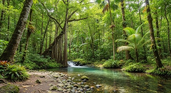 Vista panorámica de una naciente de agua turquesa que forma un arroyo en una selva tropical. Hay rocas en el agua y grandes árboles verdes alrededor.
