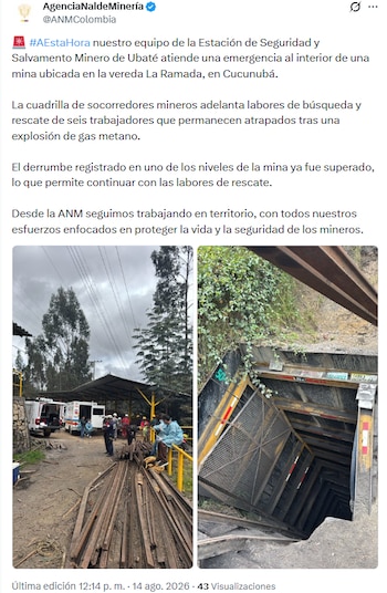 Equipos de rescate de la Agencia Nacional de Minería ya adelantan labores de búsqueda en la zona - ANM