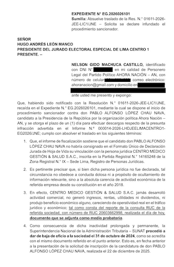 Descargos de Ahora Nación.