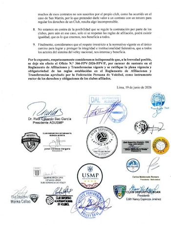 Alianza Lima, junto a los demás clubes de Primera y Segunda División de vóley, se pronunciaron contra la Federación.
