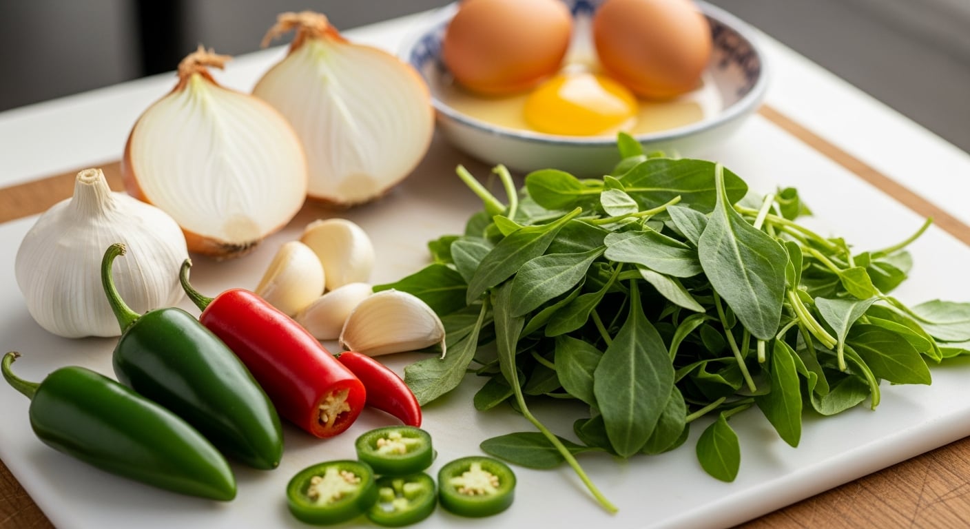 Una variedad de ingredientes frescos, incluyendo quelites, huevos, cebolla, ajo y chiles, preparados en mise en place sobre una tabla de cortar blanca listos para cocinar. (Imagen Ilustrativa Infobae)