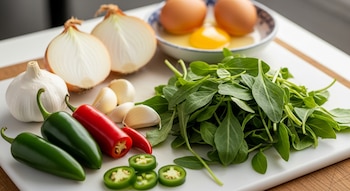 Ingredientes frescos en una tabla de cortar: quelites, ajo entero y en dientes, cebollas, chiles verdes y rojos rebanados, y huevos en un tazón.