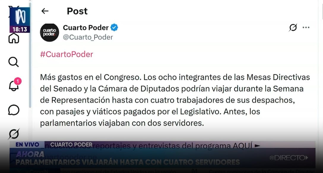 Congreso permitirá a sus directivos viajar con cuatro asesores pagados por el Estado. Captura: Cuarto Poder.