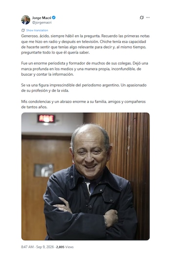 Publicación en la red social X de Jorge Macri con texto de condolencias y una foto del periodista Chiche Gelblung sonriendo