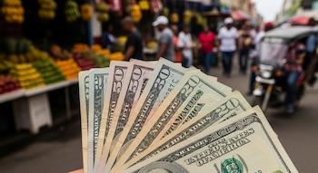 Una mano sostiene billetes de dólar estadounidense en abanico, con un mercado callejero borroso de frutas y personas al fondo.