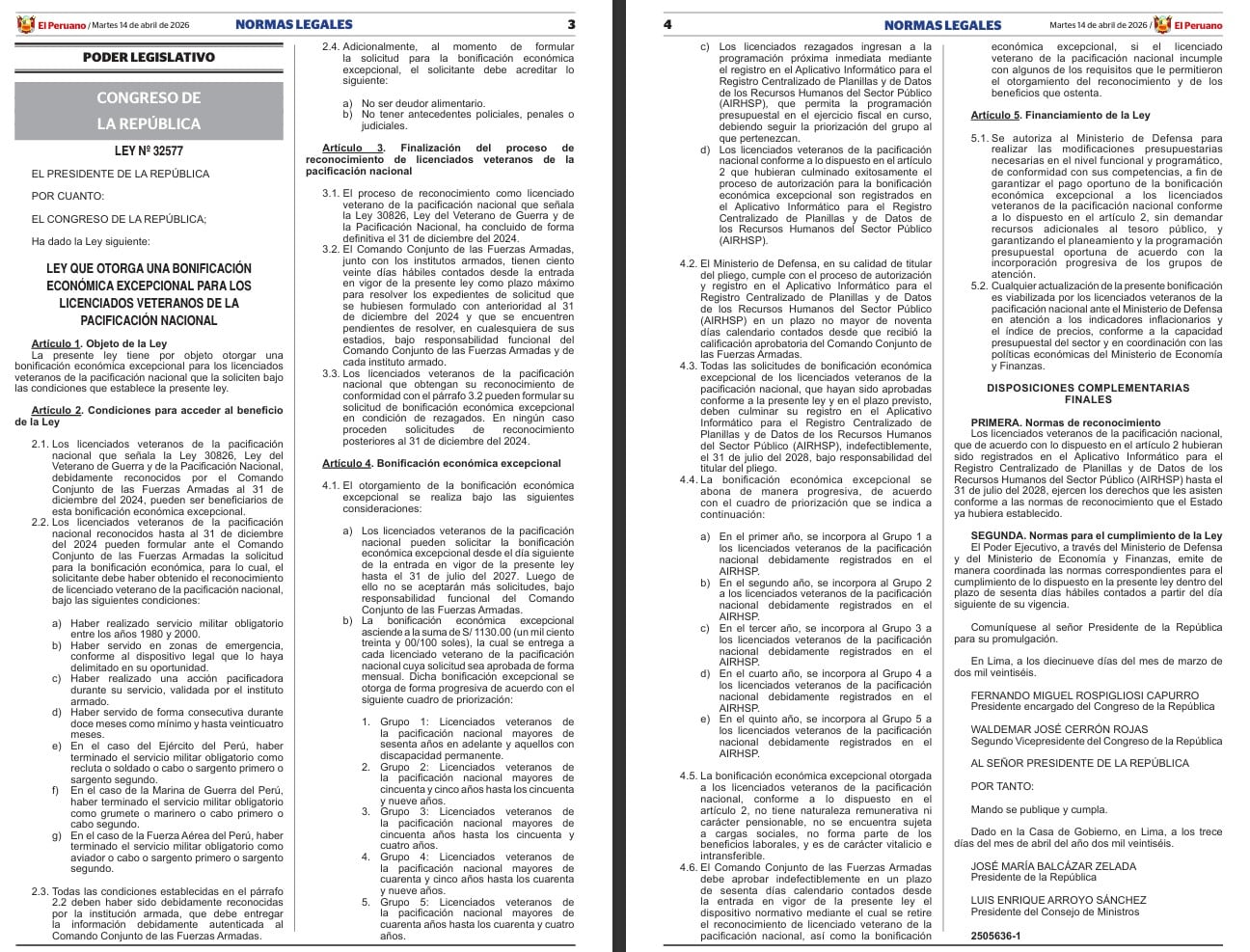 Promulgan ley para pensión vitalicia a favor de veteranos.