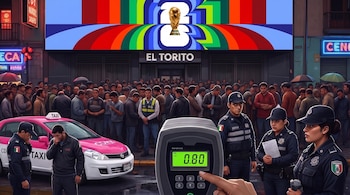 Multitud en calle con edificios, taxi rosa, policías uniformados, gran pantalla con trofeo dorado, dispositivo digital en mano con número 0.80.