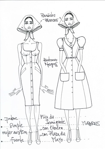 Dibujo lineal en blanco y negro de dos figuras femeninas con pañuelos en la cabeza y vestidos abotonados, con texto manuscrito alrededor que indica 'Pañuelos Blancos' y 'MADRES'