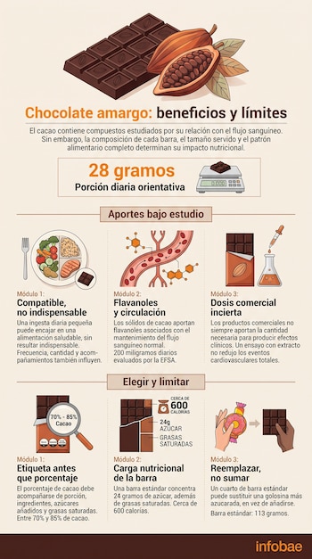 Infografía con una tableta de chocolate, un fruto de cacao, una balanza, un plato de comida, vasos sanguíneos y esquemas con textos explicativos.