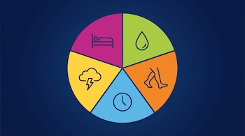 Círculo dividido en cinco segmentos de colores con íconos: una cama, una gota de agua, dos piernas caminando, un reloj y una nube con rayo sobre fondo azul oscuro.