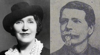 Imagen dividida en blanco y negro: a la izquierda, retrato de Sonora Smart Dodd; a la derecha, retrato de su padre, William Jackson Smart