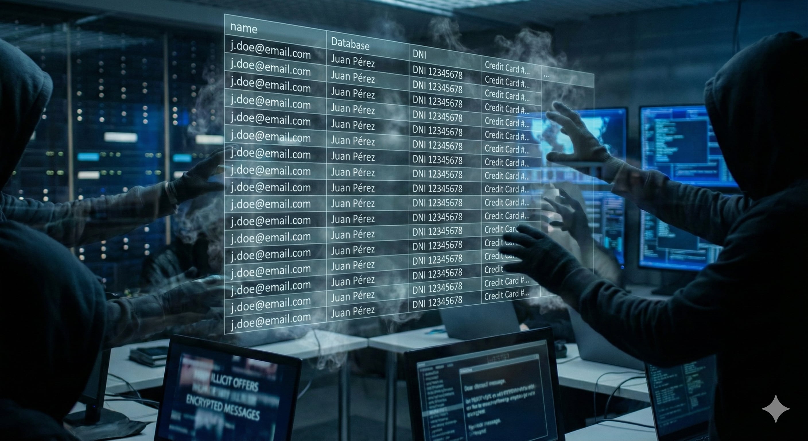 Encapuchados interactúan con una base de datos holográfica que contiene emails, nombres, DNIs y tarjetas de crédito, ilustrando el riesgo de la filtración masiva de datos y la importancia de la protección digital (Imagen ilustrativa / Infobae / Gemini)