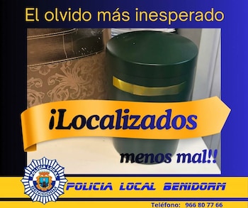 Encuentran una urna con cenizas en la taquilla de un supermercado de Benidorm. (Policía Local Benidorm)
