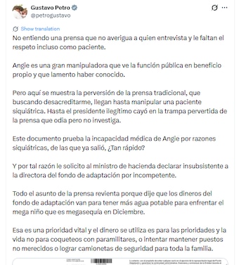 Petro calificó a Angie Rodríguez como una "manipuladora" - crédito @petrogustavo/X