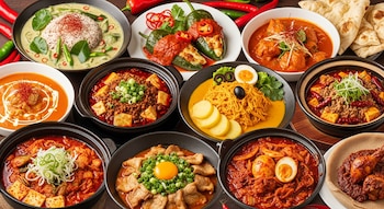 Múltiples platos con chiles, especias rojas, carnes, tofu, arroz, fideos, verduras, huevos y pan naan en recipientes variados.