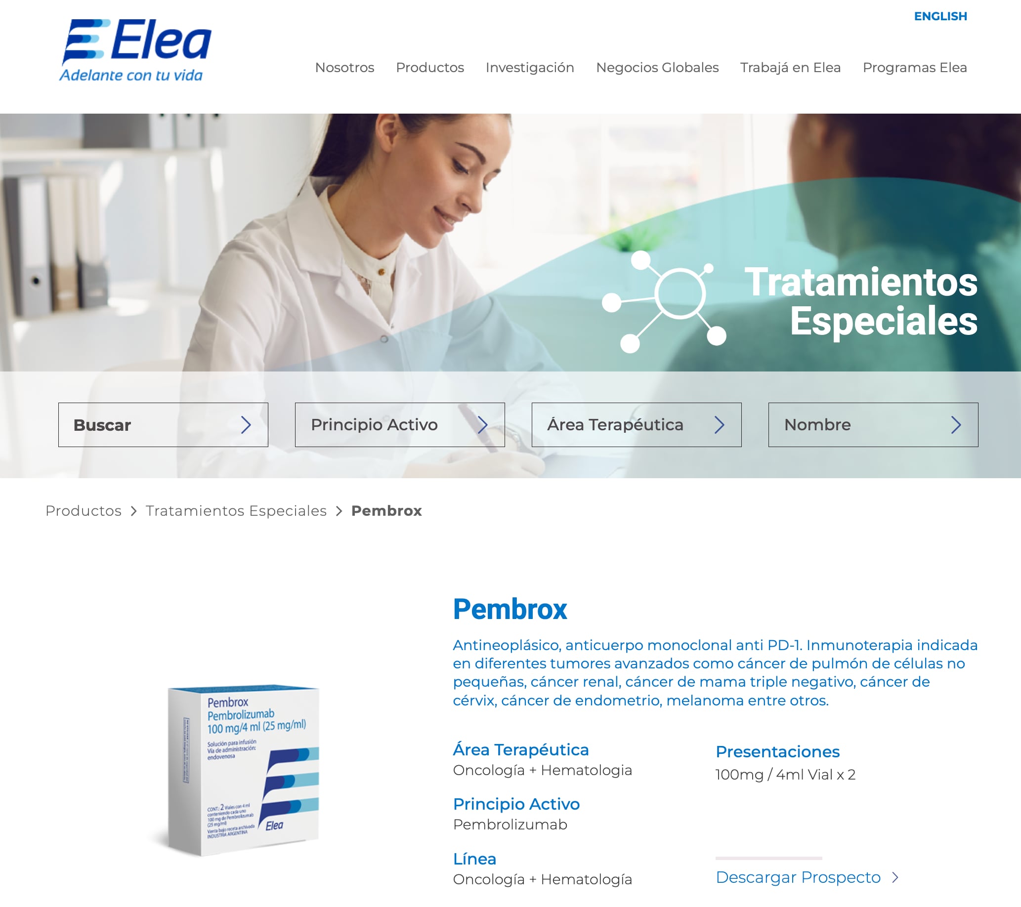 La promoción de Pembrox en la web de ELEA