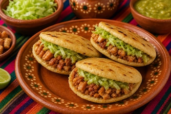 Tres gorditas rellenas de chicharrón y lechuga en un plato de barro, acompañadas por tazones con salsa, verdura y una rodaja de limón.