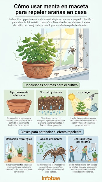 Infografía que muestra una planta de menta en maceta ahuyentando arañas de una ventana, con secciones sobre cultivo, efecto y control de plagas. Con el logo de Infobae.