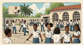 Dibujo de varios alumnos jugando baloncesto y saltando la cuerda en un patio de escuela con palmeras y un edificio.