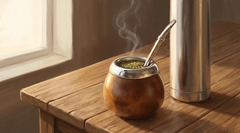 Un mate de calabaza con bombilla metálica y yerba, un termo de acero inoxidable y vapor sobre una mesa de madera.