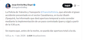 El gobernador Jorge Emilio Rey Ángel informó sobre la apertura temporal y controlada de la vía Zipaquirá-Ubaté - crédito @JorgeEmilioRey/X