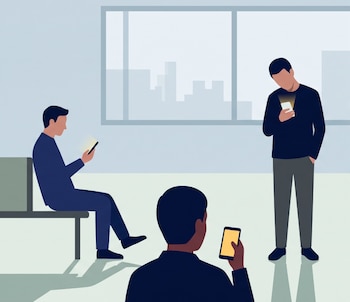 Ilustración de tres hombres mirando las pantallas encendidas de sus teléfonos inteligentes en una sala