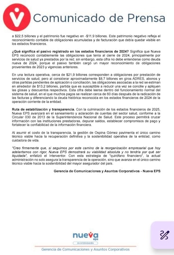 Nueva EPS presentó ante la Superintendencia Nacional de Salud sus estados financieros correspondientes a 2023 y 2024 - crédito @AndresForeroM/x