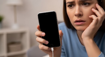 Primer plano de una mujer con expresión preocupada sosteniendo un iPhone con la pantalla negra, conectado a un cargador blanco.