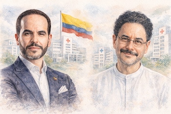 Ilustración acuarela de Abelardo de la Espriella a la izquierda y Iván Cepeda a la derecha, con edificios hospitalarios y la bandera de Colombia de fondo.
