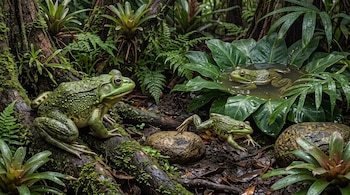 Tres ranas verdes de piel rugosa se encuentran entre ramas cubiertas de musgo, rocas y plantas de hojas grandes.