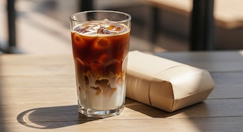 Vaso alto de café helado con leche y hielo sobre una mesa de madera. A su lado, un envase rectangular de papel sellado de color marrón claro.