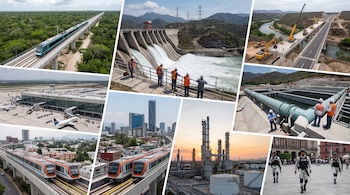 Collage con un tren sobre un viaducto, una presa de agua, una carretera, un aeropuerto, un metro elevado, una refinería y guardias de seguridad.