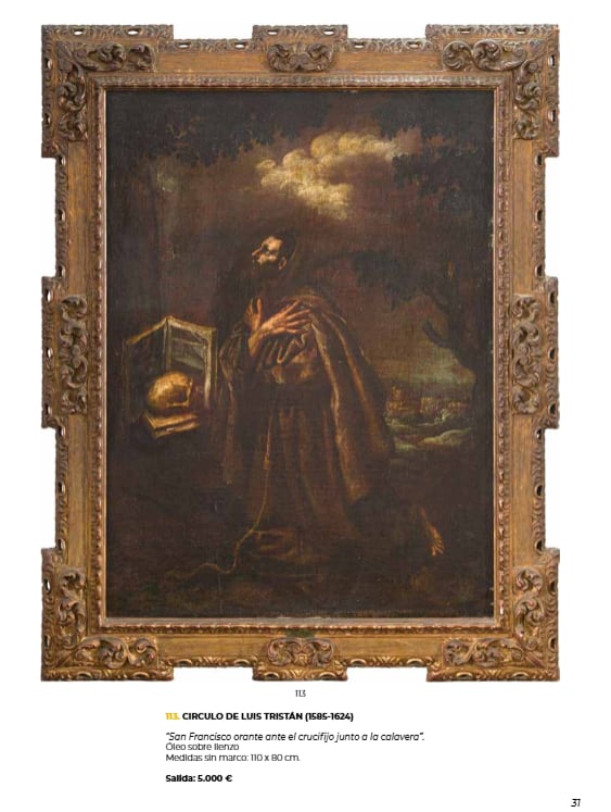 San Francisco orante ante el crucifijo junto a la calavera, óleo sobre lienzo perteneciente al círculo del pintor toledano Luis Tristán (Magna Art)