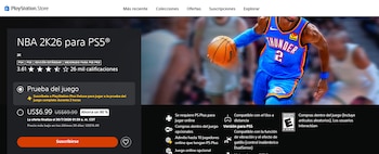 Captura de pantalla de la PlayStation Store mostrando el videojuego NBA 2K26 para PS5, un jugador de baloncesto y detalles de precio
