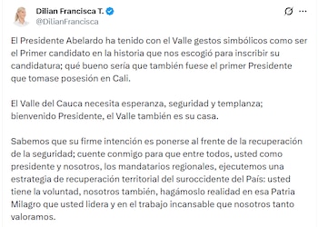 La gobernadora Dilian Francisca Toro propuso que la posesión presidencial de Abelardo de la Espriella se realice en Cali, destacando el compromiso de la región con la recuperación de la seguridad en el suroccidente del país - crédito @DilianFrancisca/X