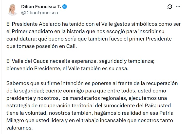 La gobernadora Dilian Francisca Toro propuso que la posesión presidencial de Abelardo de la Espriella se realice en Cali, destacando el compromiso de la región con la recuperación de la seguridad en el suroccidente del país - crédito @DilianFrancisca/X