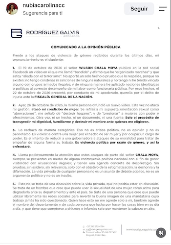 La gobernadora de Chocó, Nubia Carolina Córdoba Curi, informó que presentó denuncias por injuria, calumnia y hostigamiento contra Wilson Chala Moya, al que señala por difundir en redes sociales acusaciones sobre supuestos nexos con grupos armados ilegales y expresiones referidas a su vida privada - crédito @nubiacarolinacc/Instagram