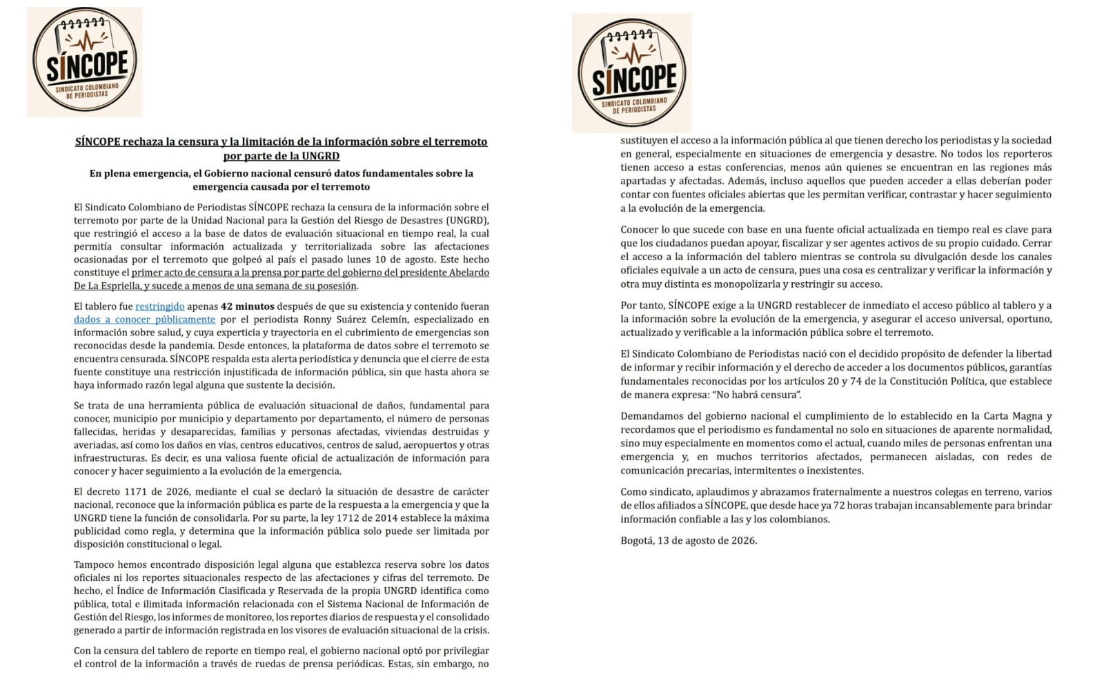 Síncope denunció lo que sería, según la agremiación, la