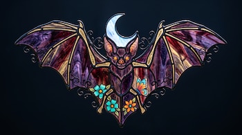 Murciélago de vitral con alas moradas, luna azul sobre la cabeza, flores y una mariposa en la parte inferior sobre un fondo oscuro.