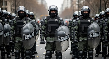 Un grupo de miembros del ESMAD vestidos con uniformes antidisturbios, cascos y máscaras faciales, sosteniendo escudos redondos marcados con 'ESMAD' en una calle.
