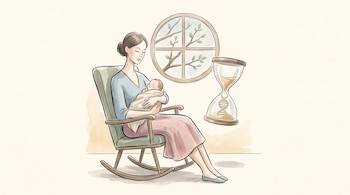 Ilustración de una mujer en una mecedora con un bebé en brazos, un reloj de arena con una hélice de ADN y una ventana redonda de fondo.